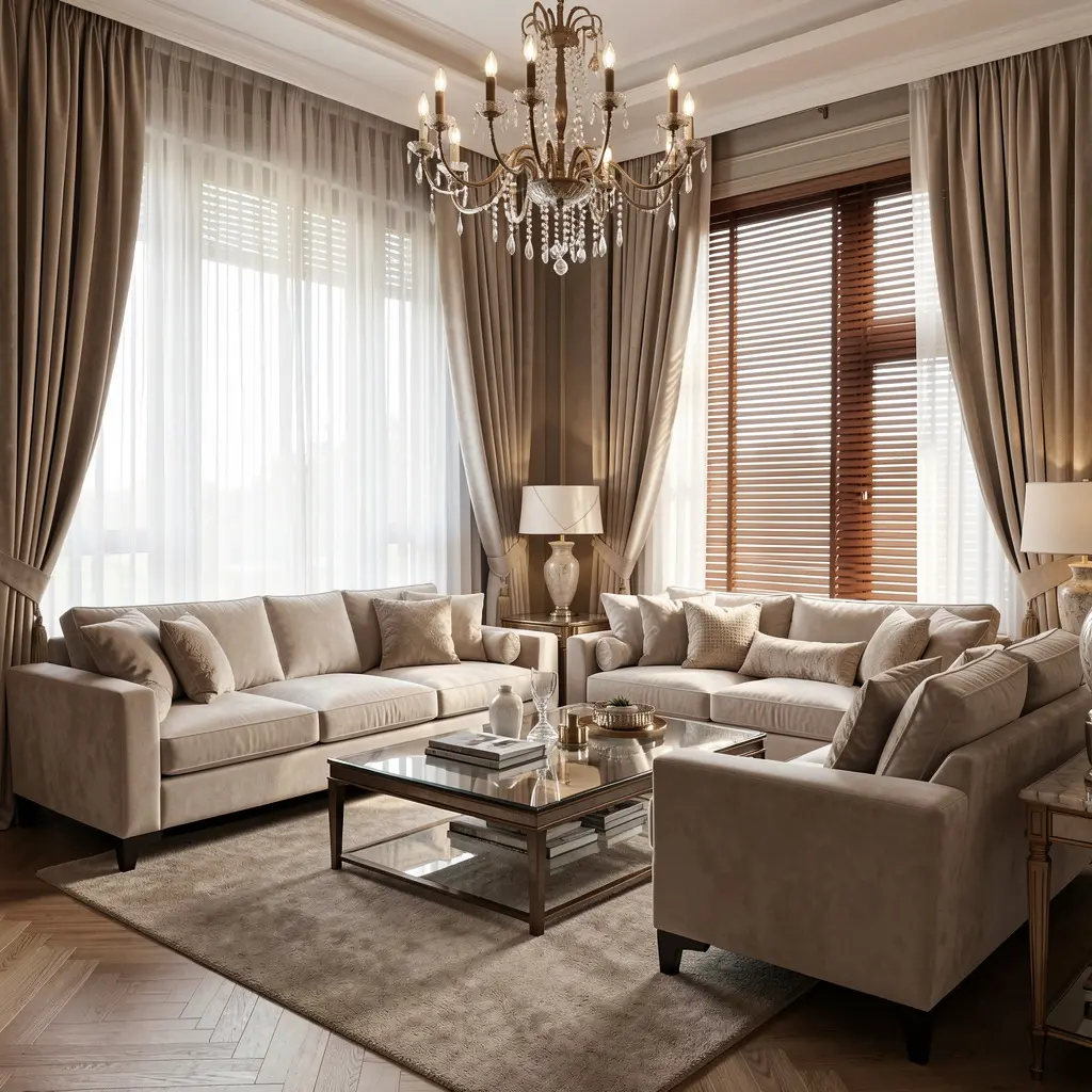 Luxurious living room with elegant sheer curtains and wooden blinds